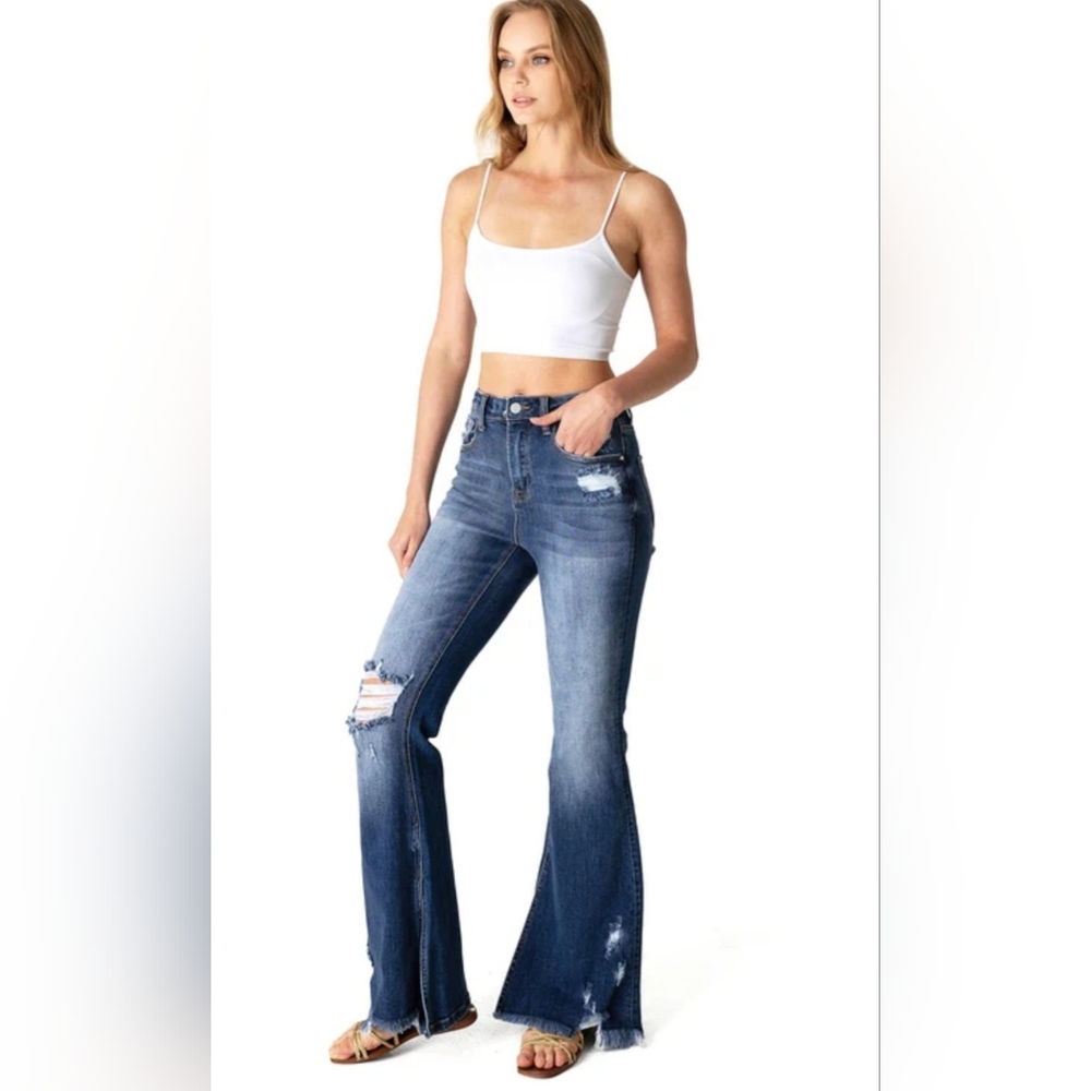 👖NWOT Risen "Vent High Rise Split Flare Jeans w/Distressing" Dark Denim Sz 3/26